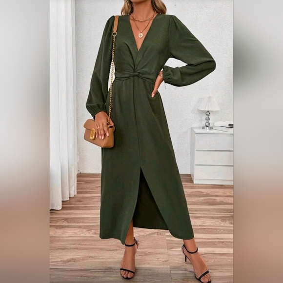 New Chic Plunge Twist Front Split Midi Dress Long Sleeve Olive Green - Picture 7 of 10